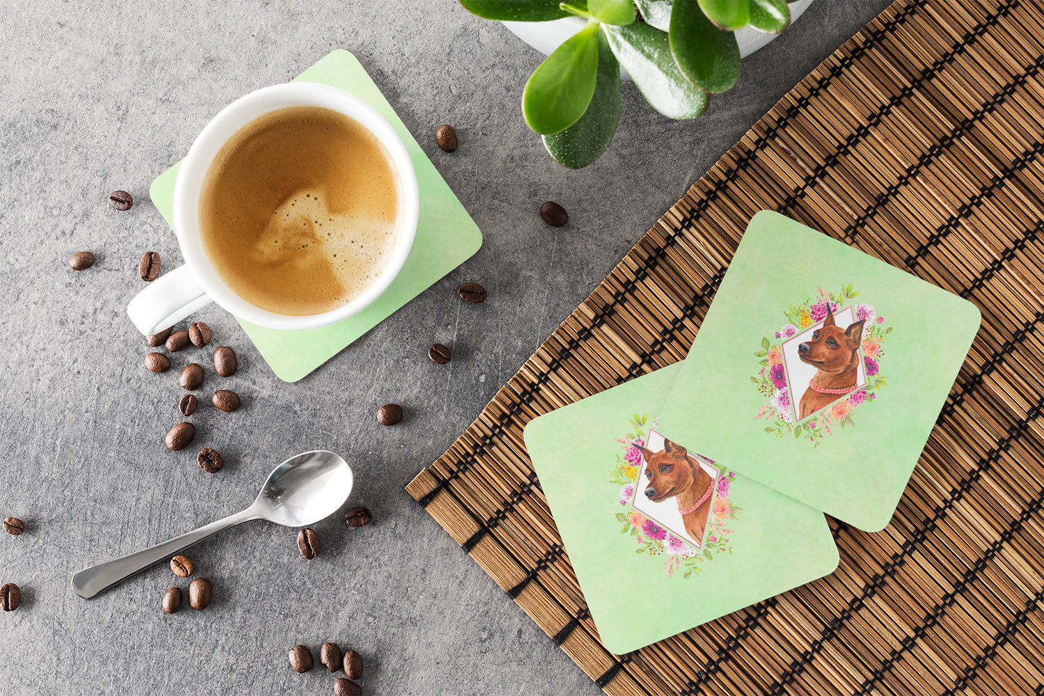 Miniature Pinscher Green Flowers Foam Coasters Set of 4 Cup Coasters for Indoor Outdoor, Tabletop Protection, Anti Slip, Mouse pad Material