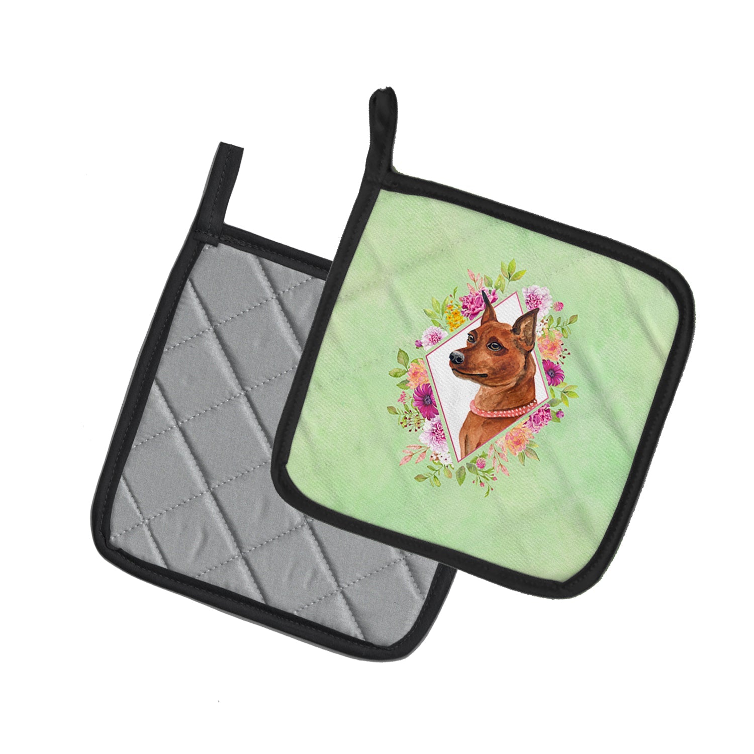 Miniature Pinscher Green Flowers Pot Holder Set of 2 Heat Resistant Quilted Hot Pads 7.5 x 7.5 Inch, Insulated Kitchen Trivets for Cooking & Baking
