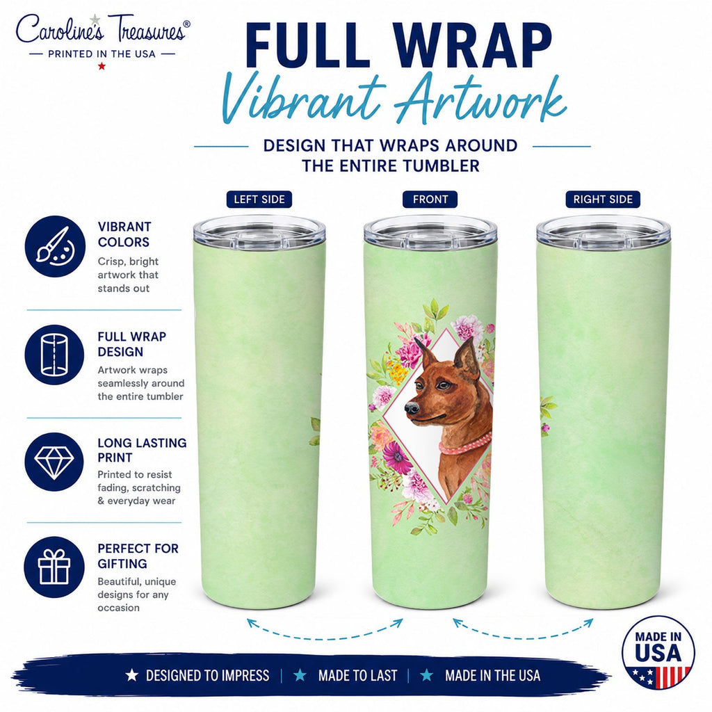 Miniature Pinscher Green Flowers Stainless Steel Skinny Tumbler 20 oz Vacuum Double Walled Reusable Insulated Travel Cup