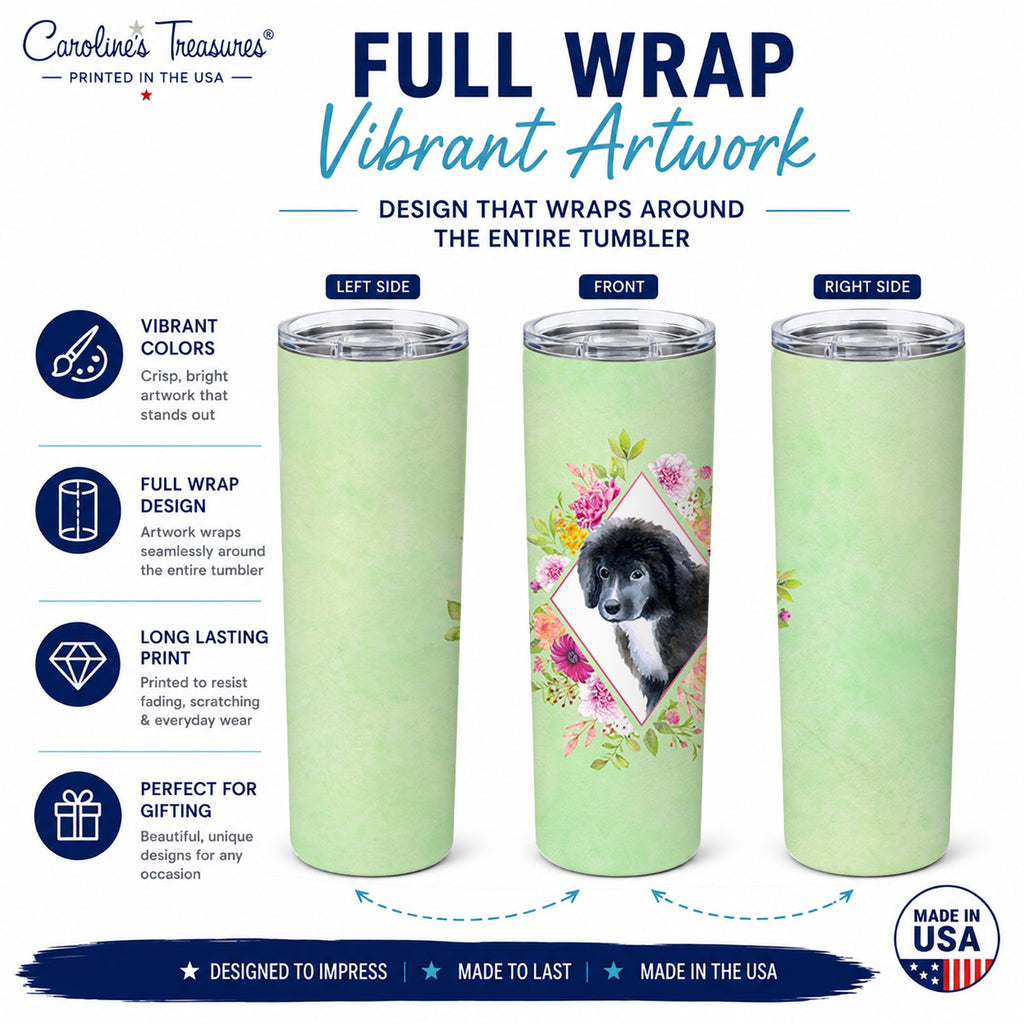 Newfoundland Puppy Green Flowers Stainless Steel Skinny Tumbler 20 oz Vacuum Double Walled Reusable Insulated Travel Cup
