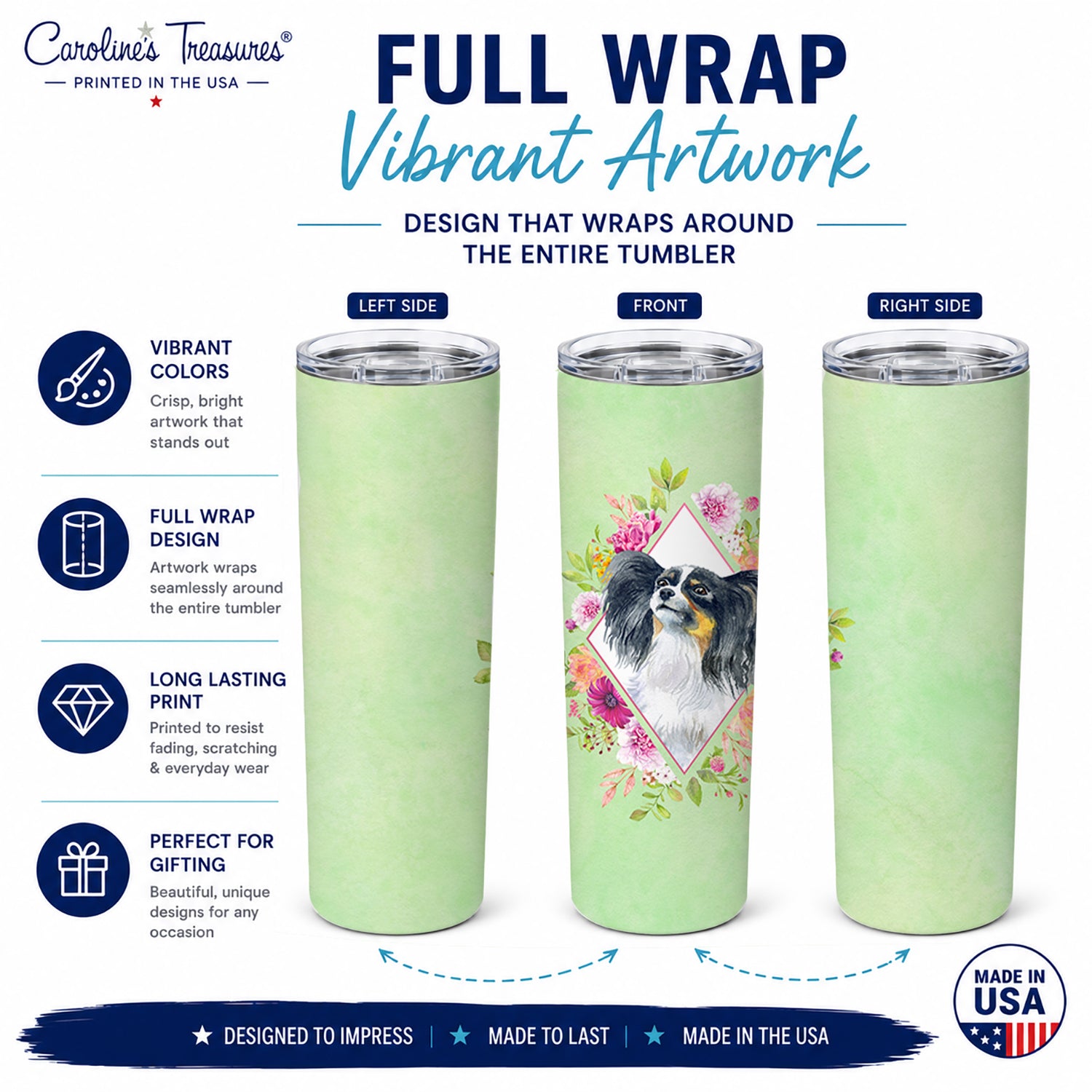 Papillon Green Flowers Stainless Steel Skinny Tumbler 20 oz Vacuum Double Walled Reusable Insulated Travel Cup
