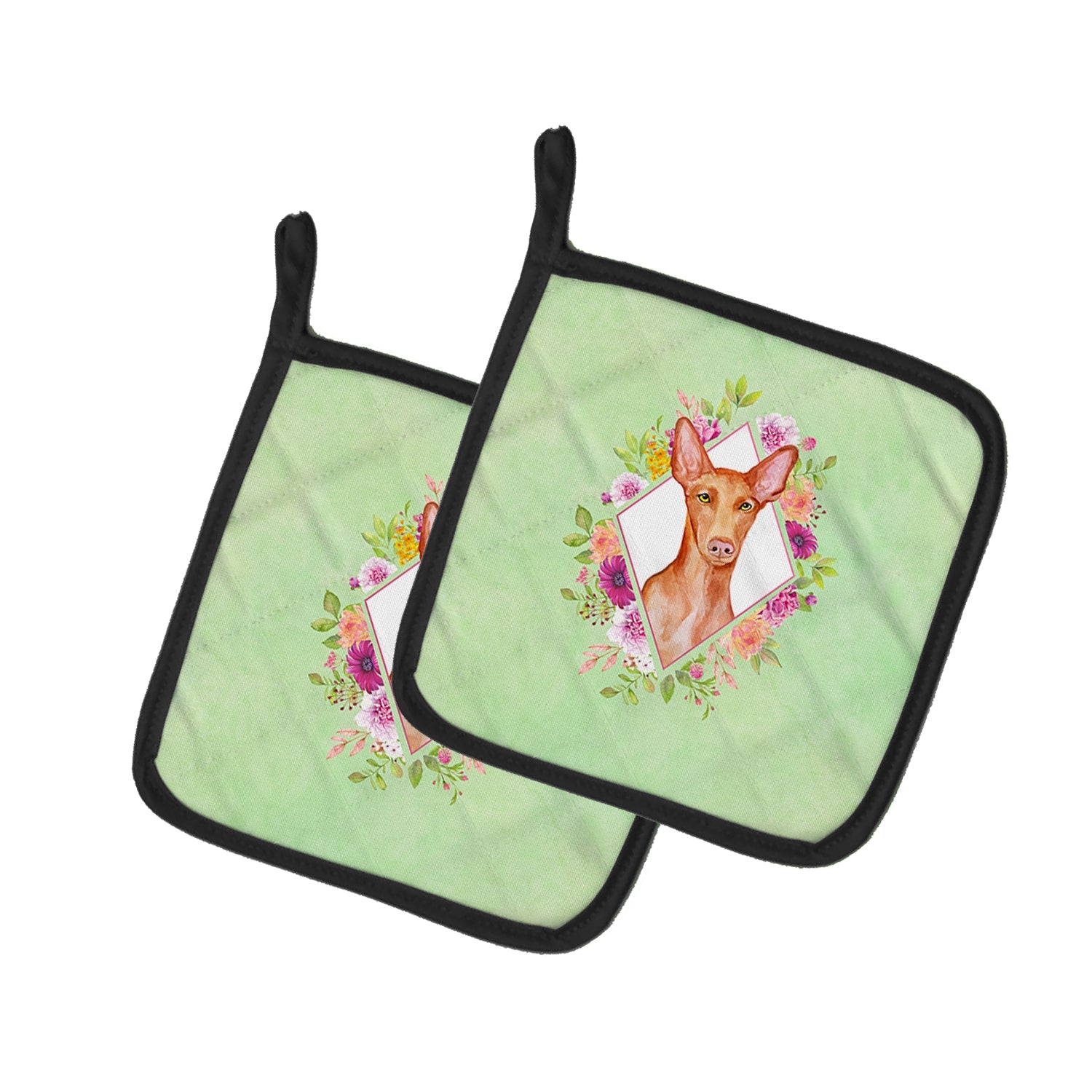 Pharaoh Hound Green Flowers Pot Holder Set of 2 Heat Resistant Quilted Hot Pads 7.5 x 7.5 Inch, Insulated Kitchen Trivets for Cooking & Baking