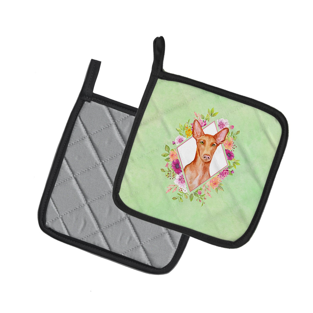 Pharaoh Hound Green Flowers Pot Holder Set of 2 Heat Resistant Quilted Hot Pads 7.5 x 7.5 Inch, Insulated Kitchen Trivets for Cooking & Baking