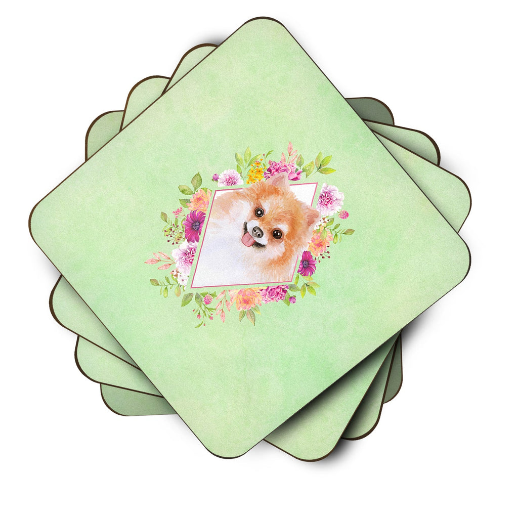 Pomeranian #1 Green Flowers Foam Coasters Set of 4 Cup Coasters for Indoor Outdoor, Tabletop Protection, Anti Slip, Mouse pad Material