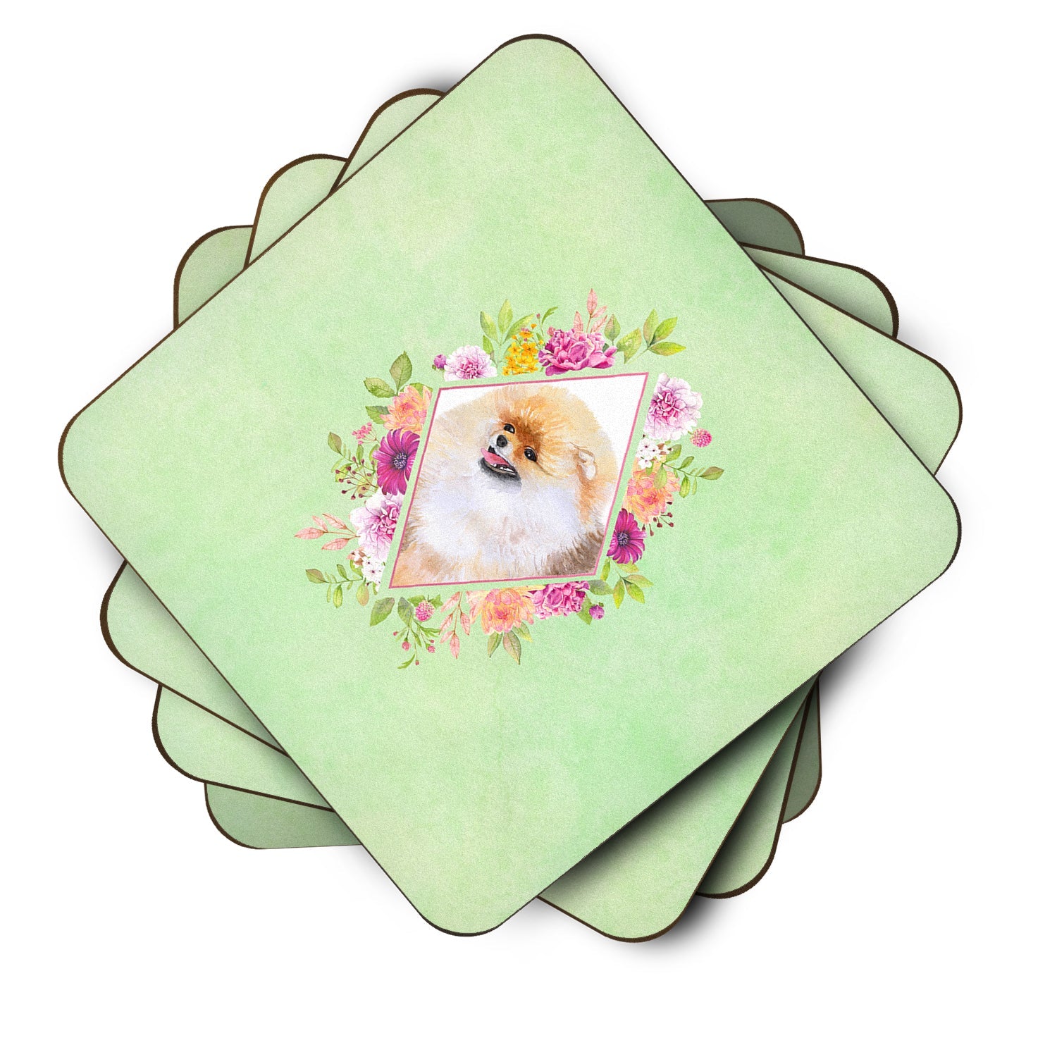 Pomeranian #2 Green Flowers Foam Coasters Set of 4 Cup Coasters for Indoor Outdoor, Tabletop Protection, Anti Slip, Mouse pad Material