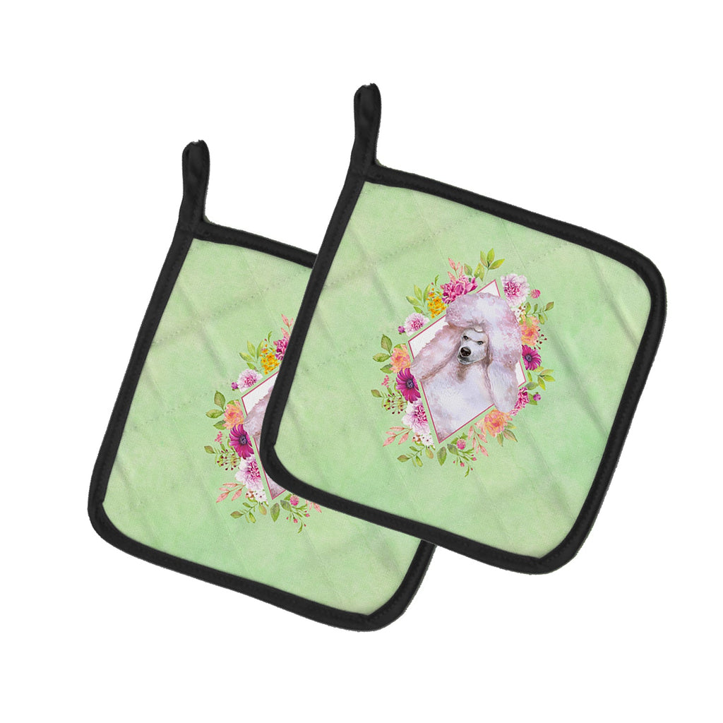 Standard White Poodle Green Flowers Pot Holder Set of 2 Heat Resistant Quilted Hot Pads 7.5 x 7.5 Inch, Insulated Kitchen Trivets for Cooking & Baking