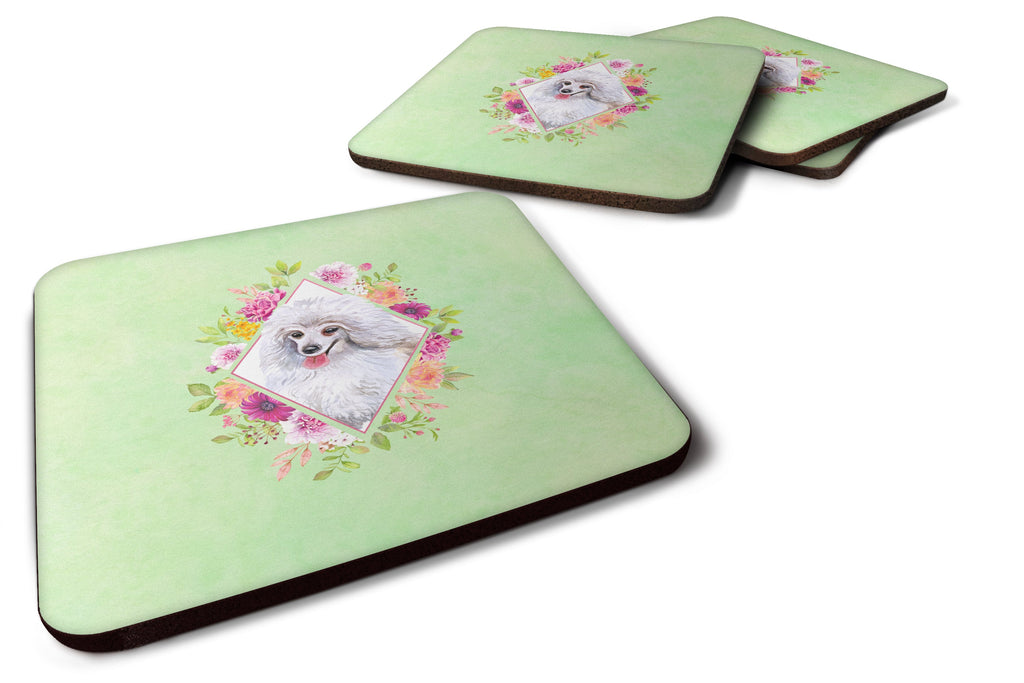 White Mini Poodle Green Flowers Foam Coasters Set of 4 Cup Coasters for Indoor Outdoor, Tabletop Protection, Anti Slip, Mouse pad Material