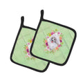 White Mini Poodle Green Flowers Pot Holder Set of 2 Heat Resistant Quilted Hot Pads 7.5 x 7.5 Inch, Insulated Kitchen Trivets for Cooking & Baking