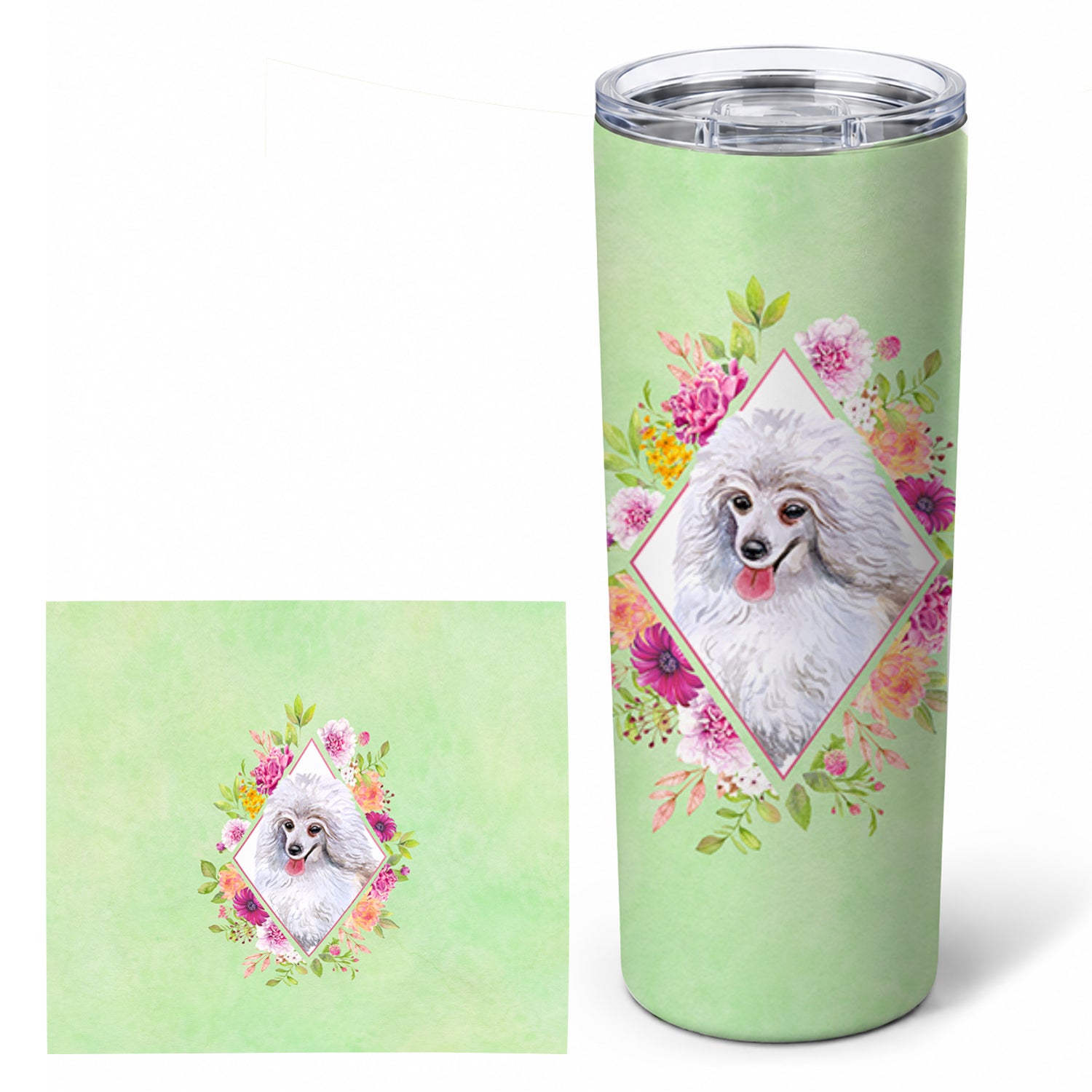 White Mini Poodle Green Flowers Stainless Steel Skinny Tumbler 20 oz Vacuum Double Walled Reusable Insulated Travel Cup