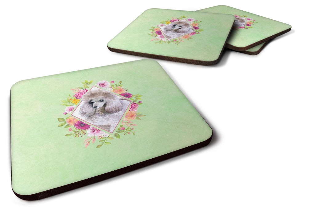 Standard Grey Poodle Green Flowers Foam Coasters Set of 4 Cup Coasters for Indoor Outdoor, Tabletop Protection, Anti Slip, Mouse pad Material