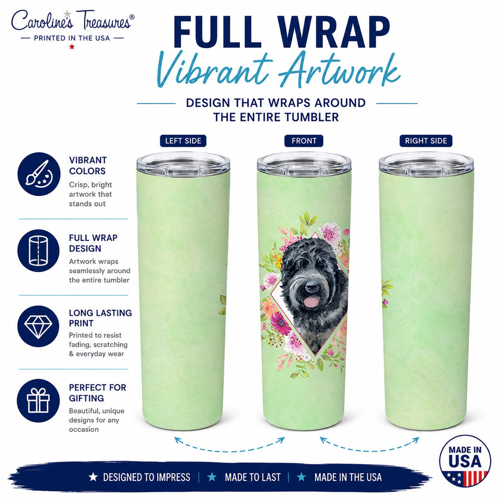 Russian Black Terrier Green Flowers Stainless Steel Skinny Tumbler 20 oz Vacuum Double Walled Reusable Insulated Travel Cup