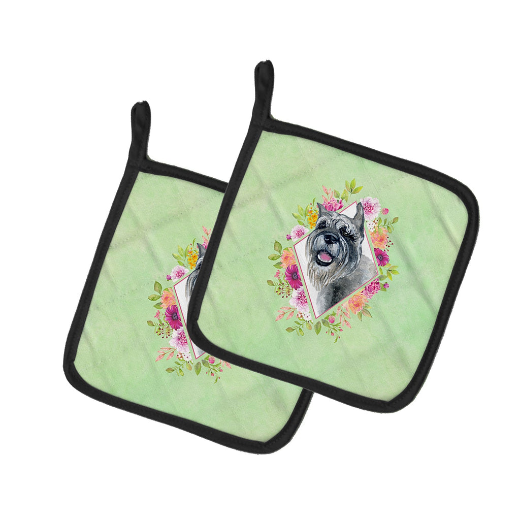 Schnauzer Green Flowers Pot Holder Set of 2 Heat Resistant Quilted Hot Pads 7.5 x 7.5 Inch, Insulated Kitchen Trivets for Cooking & Baking