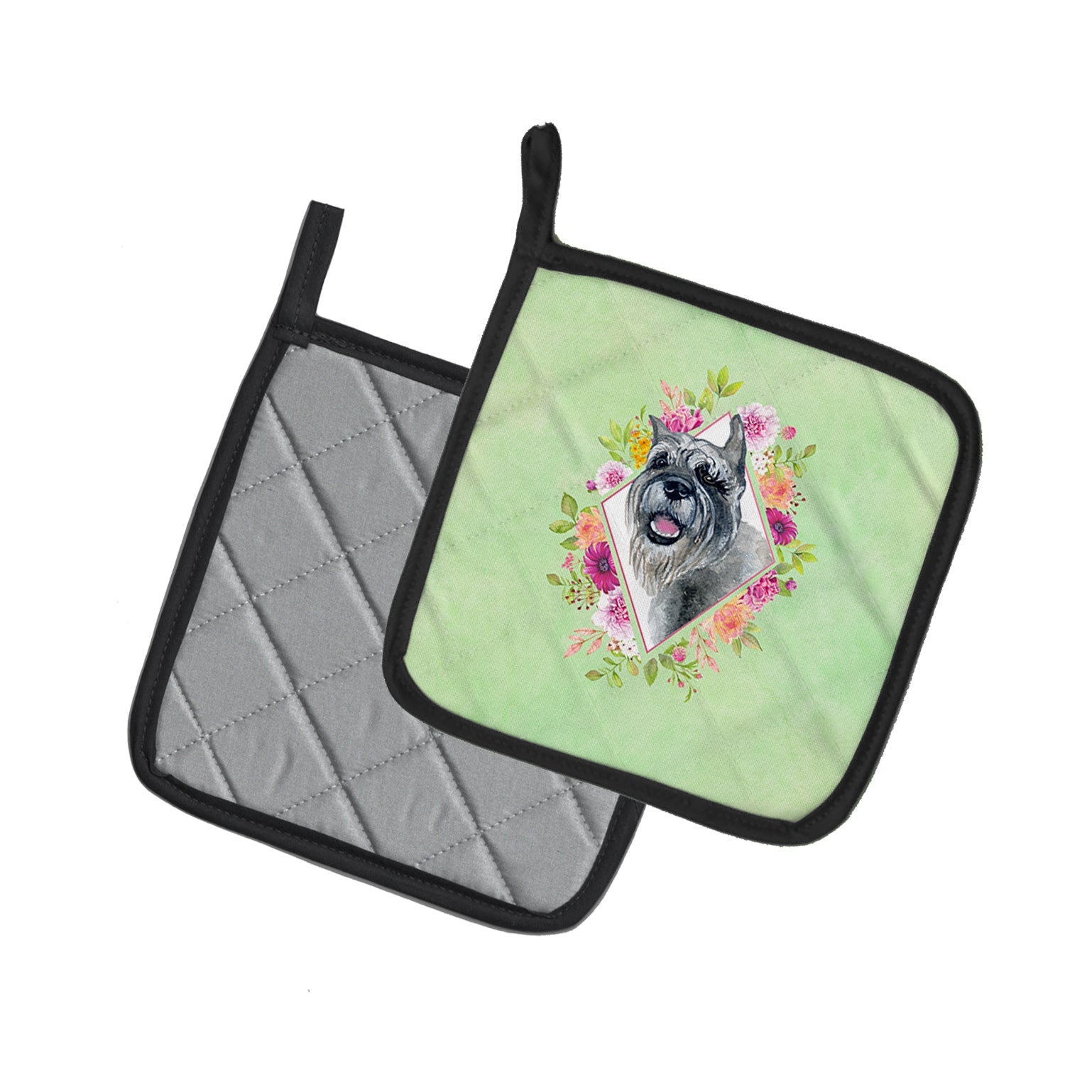 Schnauzer Green Flowers Pot Holder Set of 2 Heat Resistant Quilted Hot Pads 7.5 x 7.5 Inch, Insulated Kitchen Trivets for Cooking & Baking
