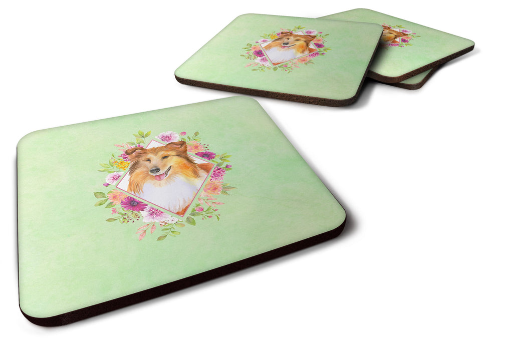 Sheltie Shetland Sheepdog Green Flowers Foam Coasters Set of 4 Cup Coasters for Indoor Outdoor, Tabletop Protection, Anti Slip, Mouse pad Material