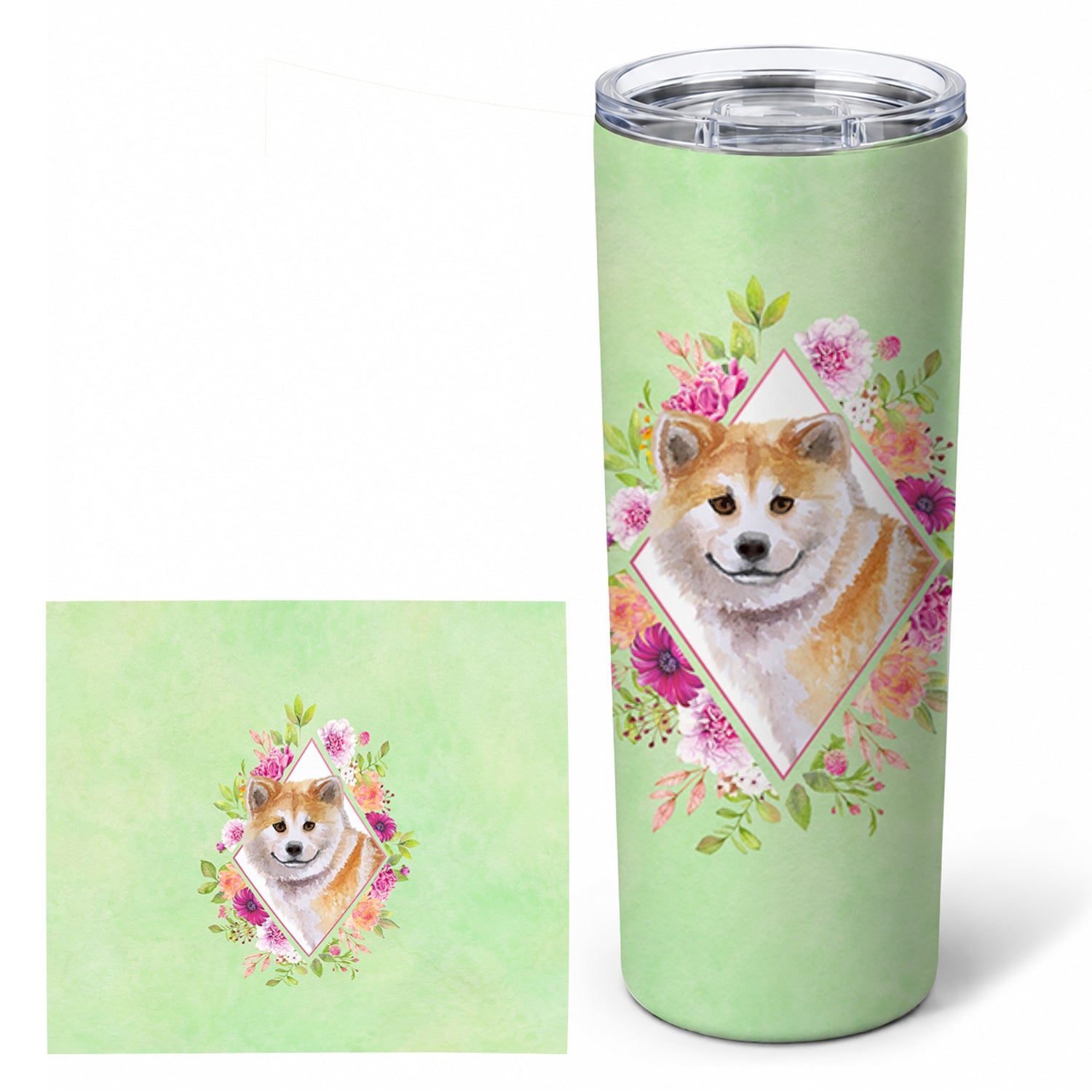 Shiba Inu Green Flowers Stainless Steel Skinny Tumbler 20 oz Vacuum Double Walled Reusable Insulated Travel Cup