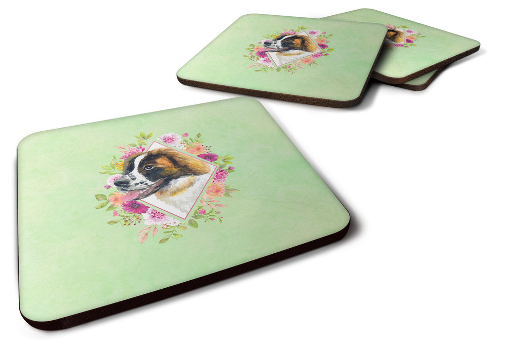 Saint Bernard #2 Green Flowers Foam Coasters Set of 4 Cup Coasters for Indoor Outdoor, Tabletop Protection, Anti Slip, Mouse pad Material