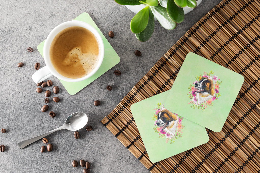 Saint Bernard #2 Green Flowers Foam Coasters Set of 4 Cup Coasters for Indoor Outdoor, Tabletop Protection, Anti Slip, Mouse pad Material