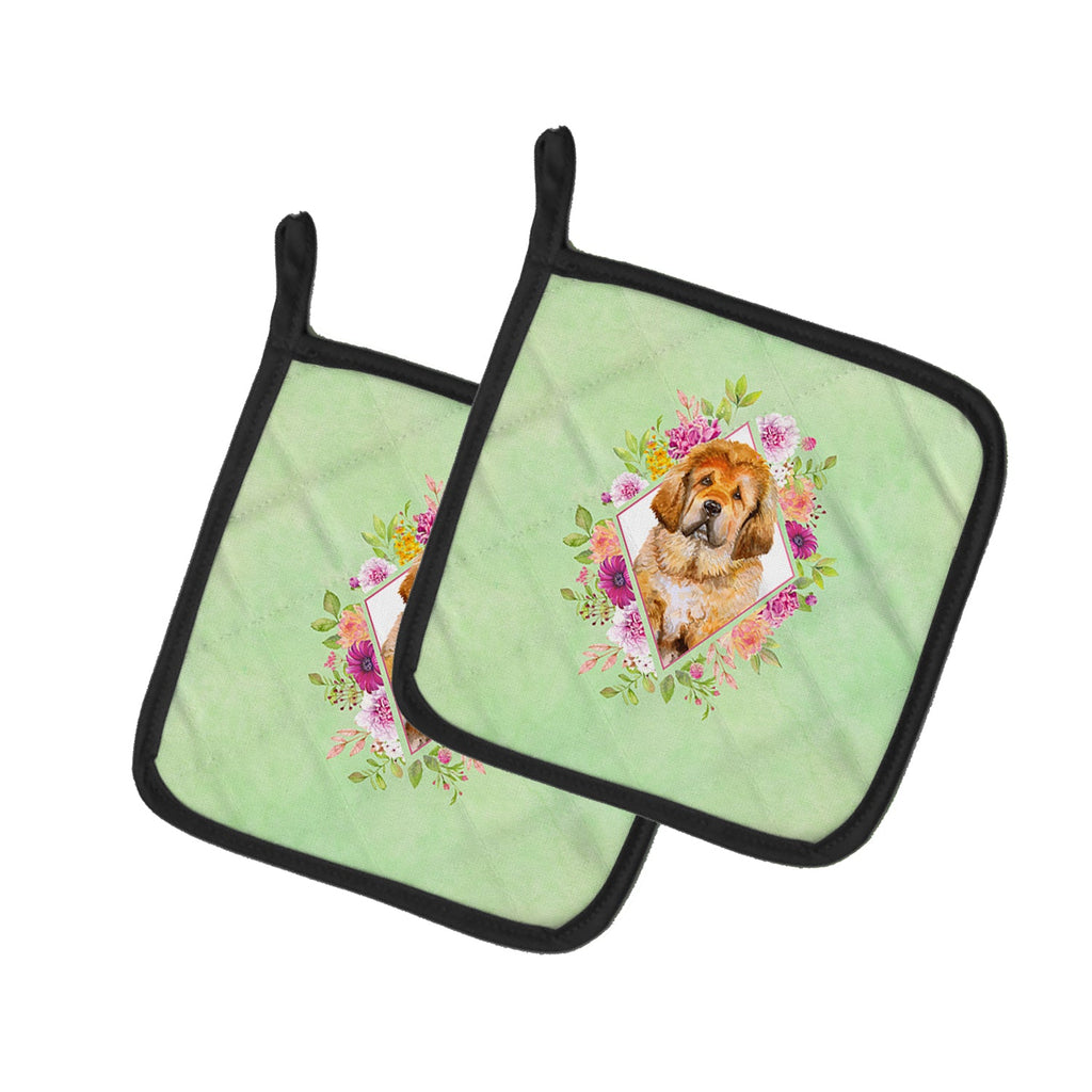Tibetian Mastiff Puppy Green Flowers Pot Holder Set of 2 Heat Resistant Quilted Hot Pads 7.5 x 7.5 Inch, Insulated Kitchen Trivets for Cooking & Baking