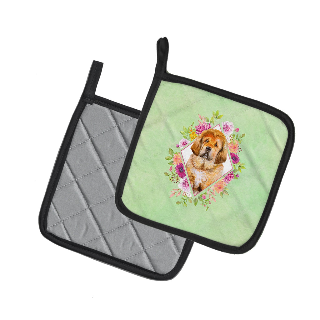 Tibetian Mastiff Puppy Green Flowers Pot Holder Set of 2 Heat Resistant Quilted Hot Pads 7.5 x 7.5 Inch, Insulated Kitchen Trivets for Cooking & Baking