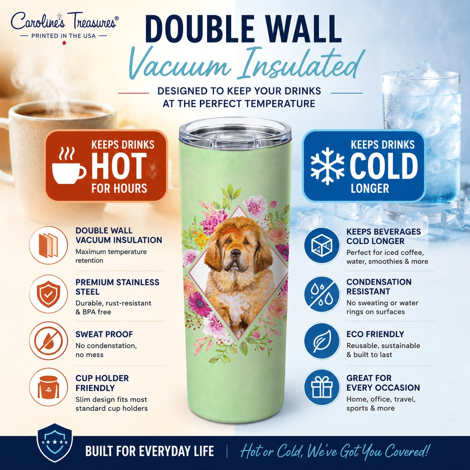 Tibetian Mastiff Puppy Green Flowers Stainless Steel Skinny Tumbler 20 oz Vacuum Double Walled Reusable Insulated Travel Cup