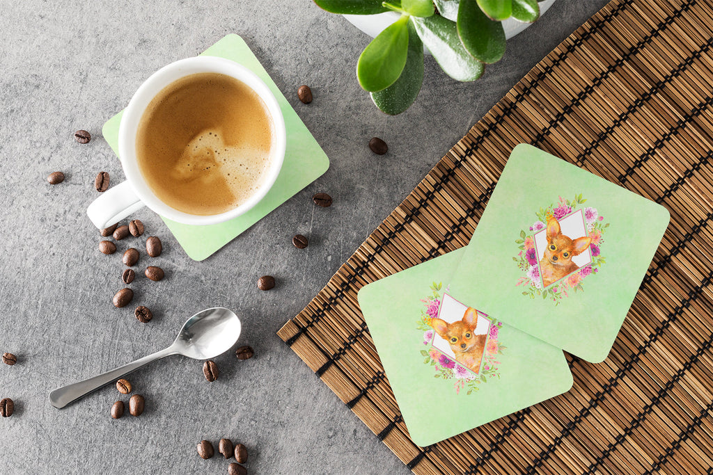 Toy Terrier Green Flowers Foam Coasters Set of 4 Cup Coasters for Indoor Outdoor, Tabletop Protection, Anti Slip, Mouse pad Material