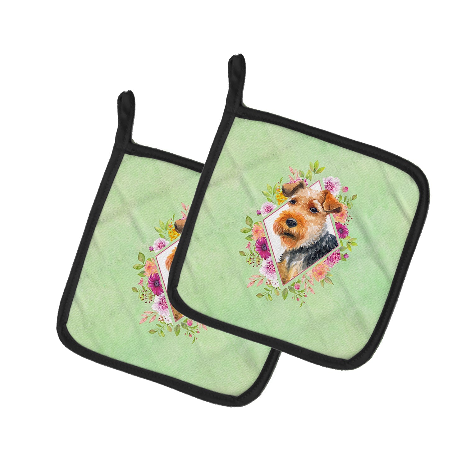 Welsh Terrier Green Flowers Pot Holder Set of 2 Heat Resistant Quilted Hot Pads 7.5 x 7.5 Inch, Insulated Kitchen Trivets for Cooking & Baking