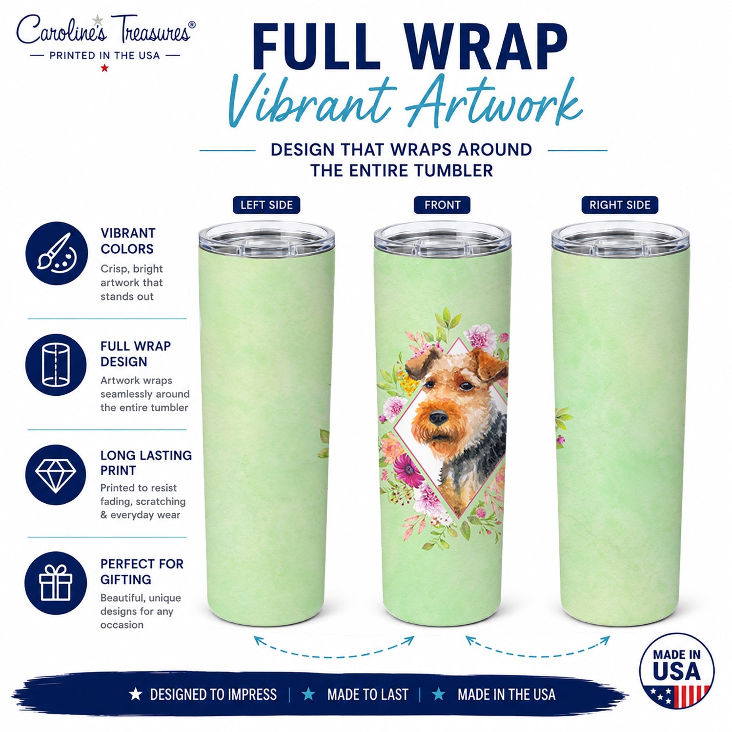 Welsh Terrier Green Flowers Stainless Steel Skinny Tumbler 20 oz Vacuum Double Walled Reusable Insulated Travel Cup