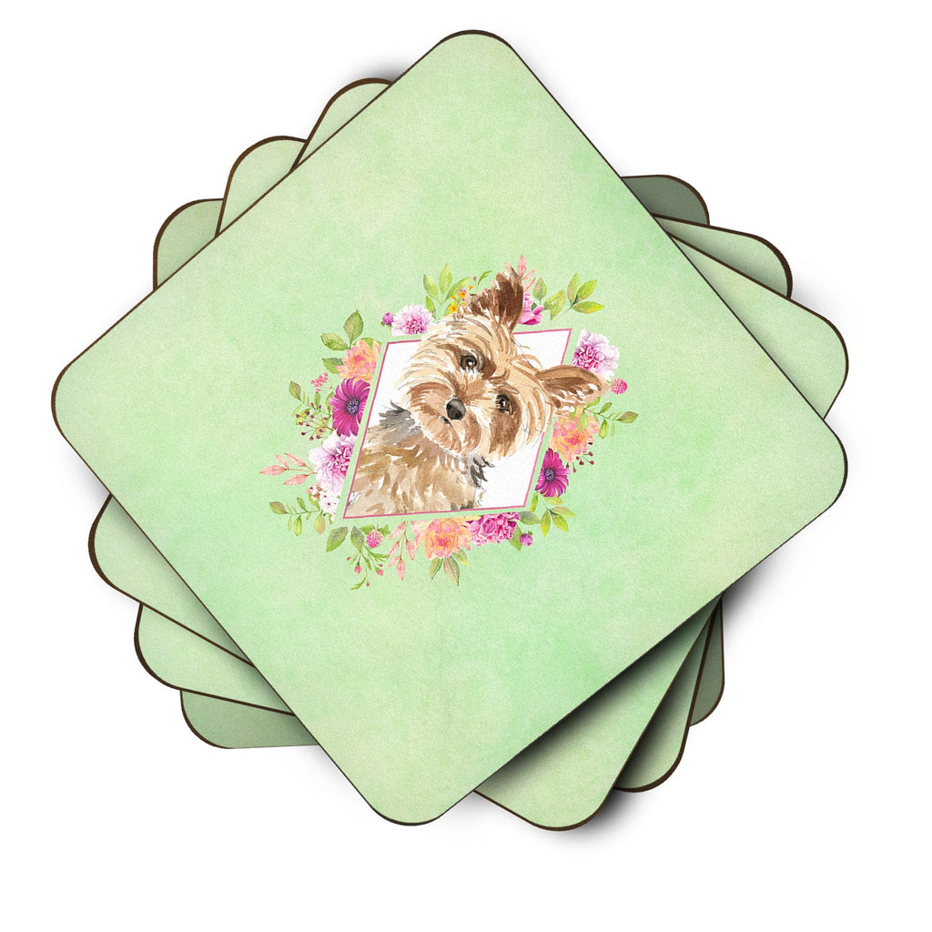 Yorkie Green Flowers Foam Coasters Set of 4 Cup Coasters for Indoor Outdoor, Tabletop Protection, Anti Slip, Mouse pad Material