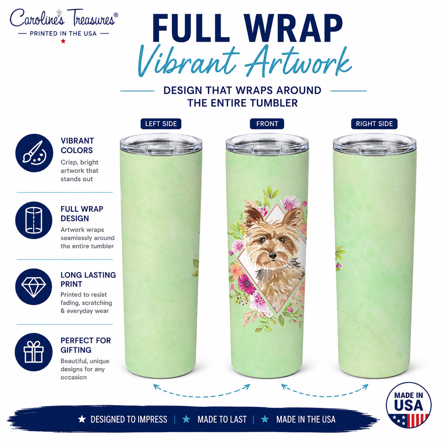 Yorkie Green Flowers Stainless Steel Skinny Tumbler 20 oz Vacuum Double Walled Reusable Insulated Travel Cup