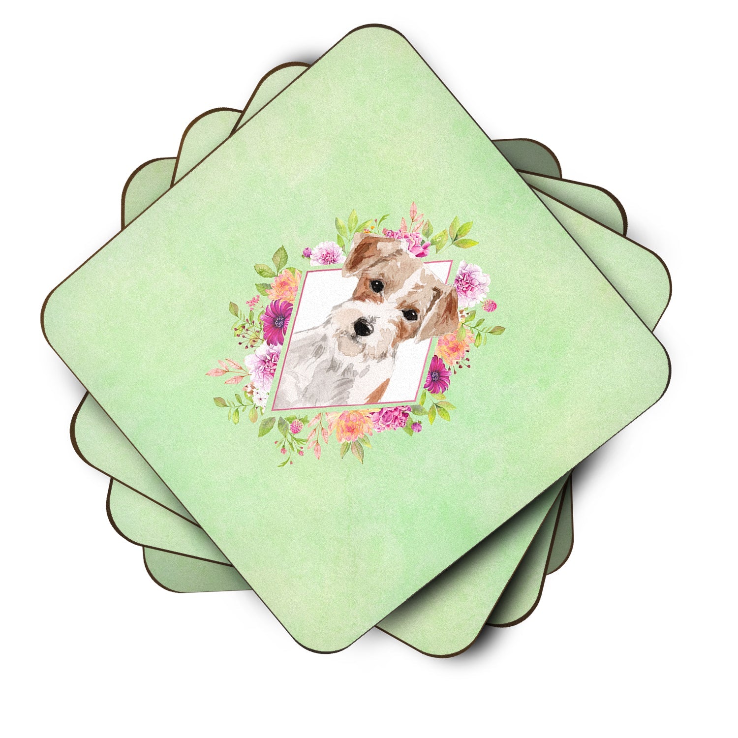 Jack Russell Terrier Green Flowers Foam Coasters Set of 4 Cup Coasters for Indoor Outdoor, Tabletop Protection, Anti Slip, Mouse pad Material