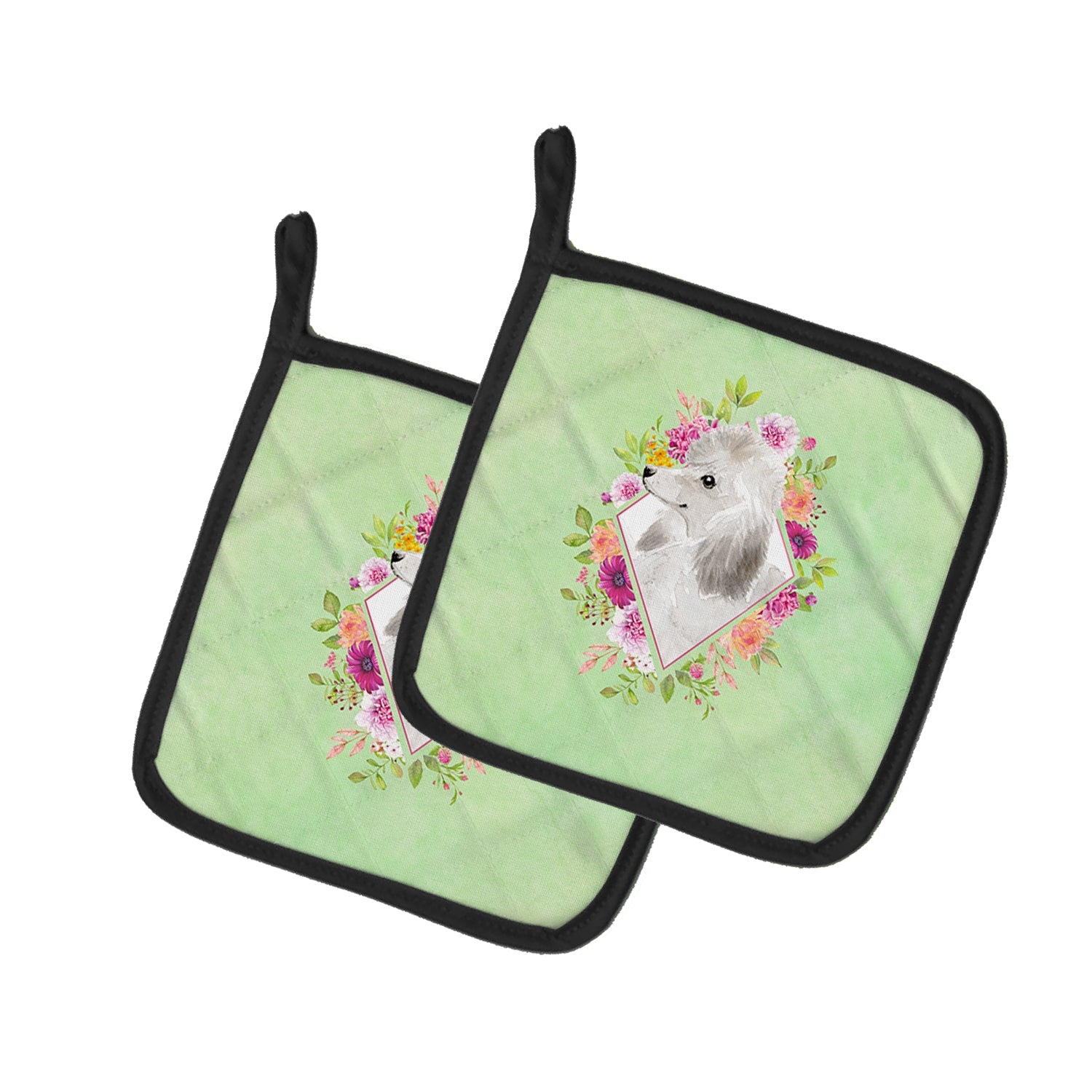 White Standard Poodle Green Flowers Pot Holder Set of 2 Heat Resistant Quilted Hot Pads 7.5 x 7.5 Inch, Insulated Kitchen Trivets for Cooking & Baking