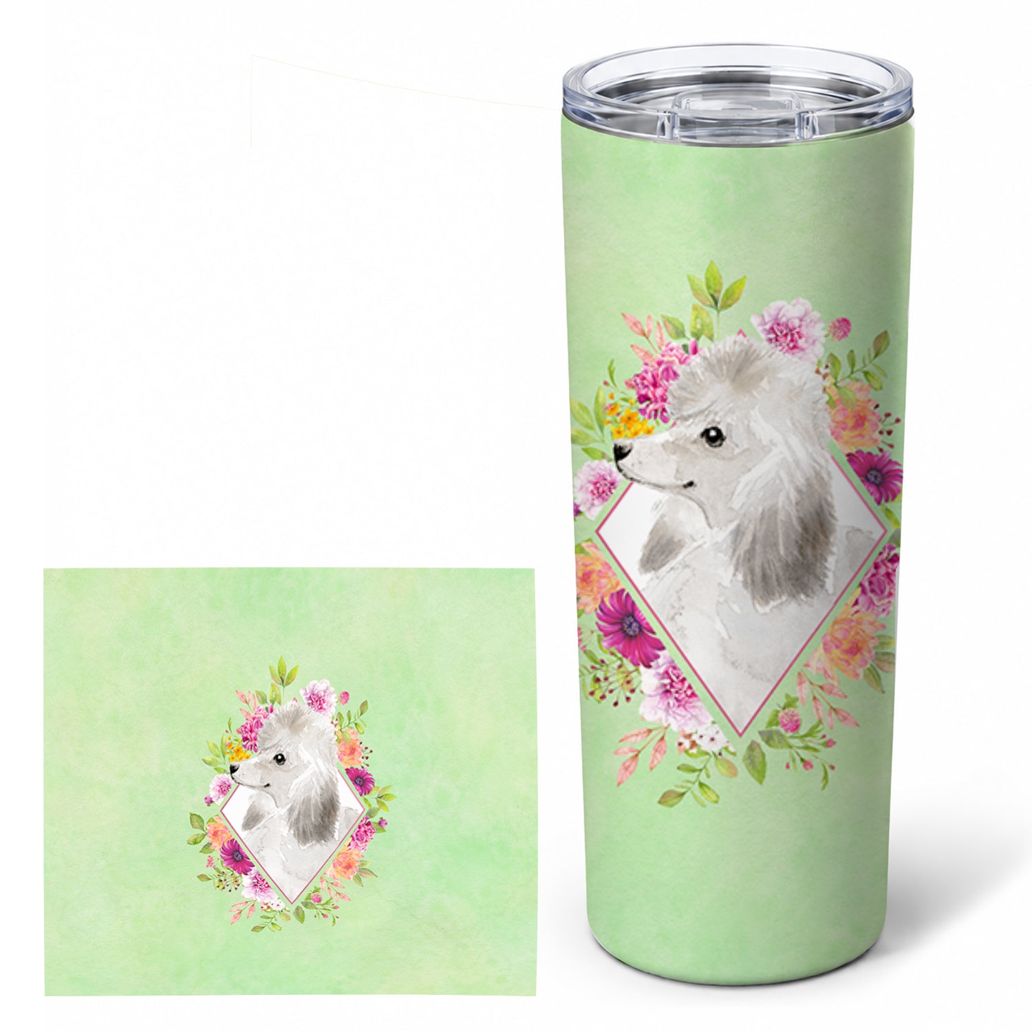 White Standard Poodle Green Flowers Stainless Steel Skinny Tumbler 20 oz Vacuum Double Walled Reusable Insulated Travel Cup
