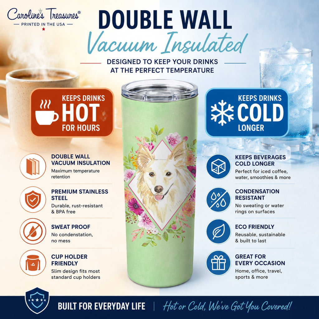 White Collie Green Flowers Stainless Steel Skinny Tumbler 20 oz Vacuum Double Walled Reusable Insulated Travel Cup