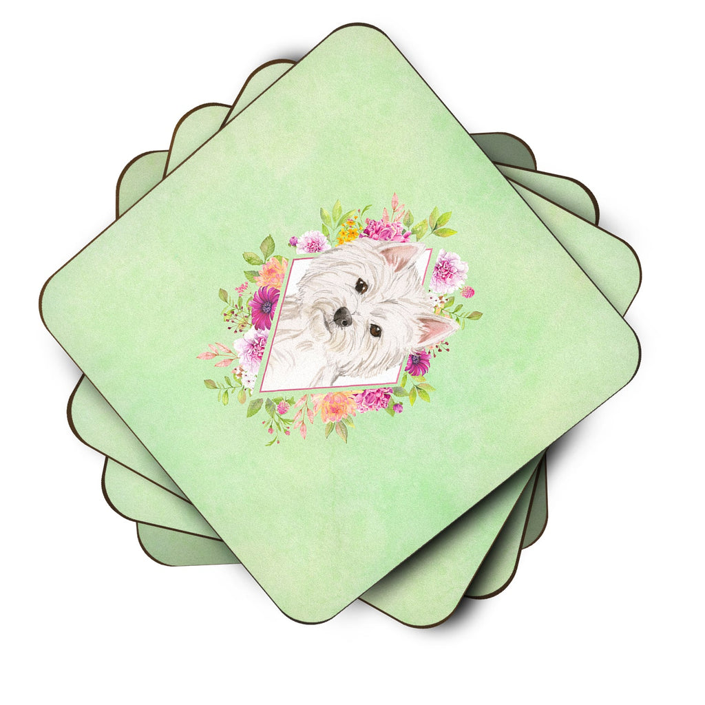 Westie  Green Flowers Foam Coasters Set of 4 Cup Coasters for Indoor Outdoor, Tabletop Protection, Anti Slip, Mouse pad Material