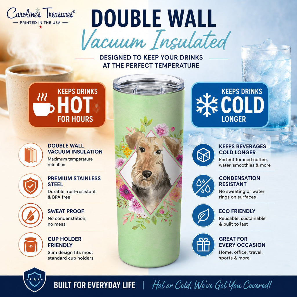 Airedale Terrier Green Flowers Stainless Steel Skinny Tumbler 20 oz Vacuum Double Walled Reusable Insulated Travel Cup