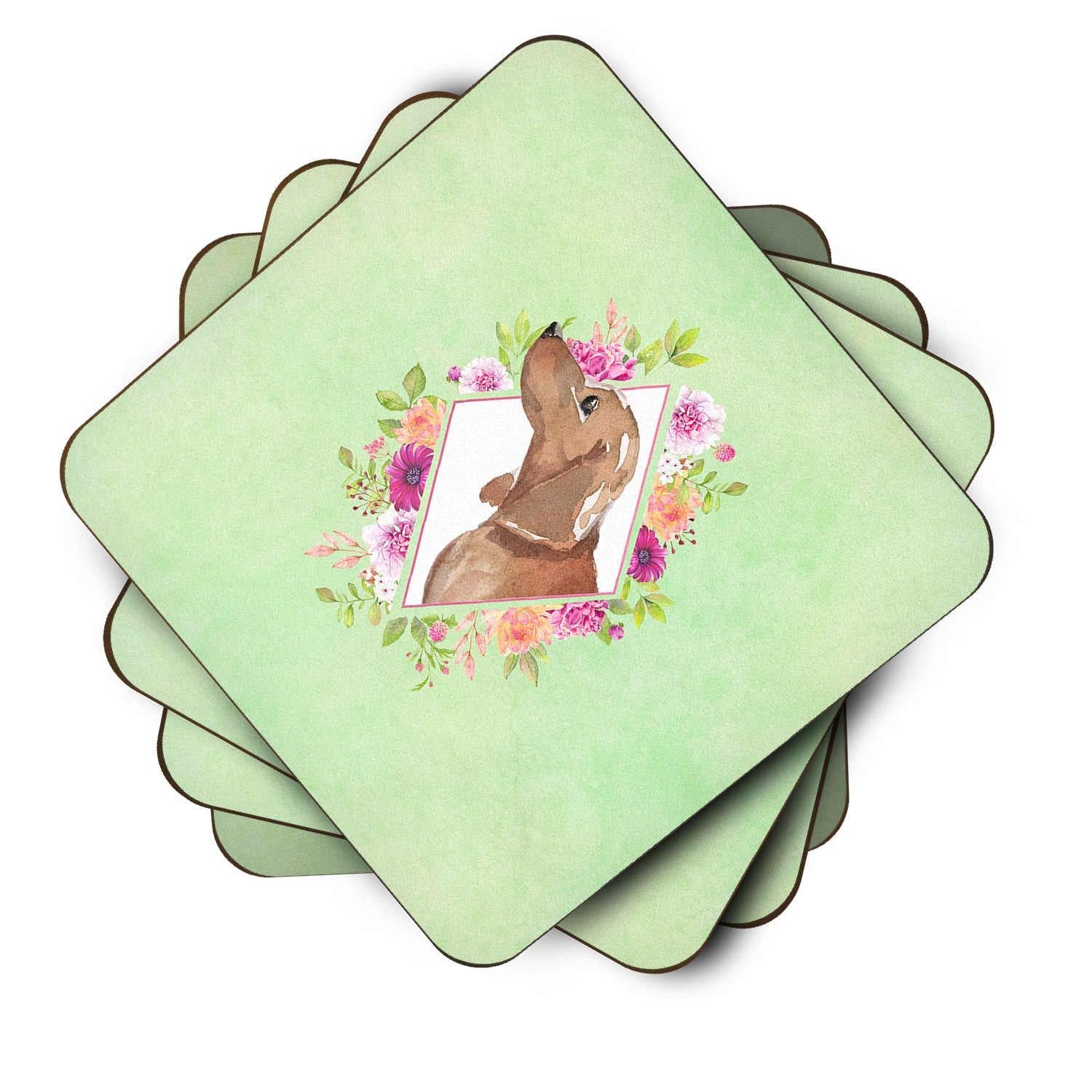 Dachshund Green Flowers Foam Coasters Set of 4 Cup Coasters for Indoor Outdoor, Tabletop Protection, Anti Slip, Mouse pad Material