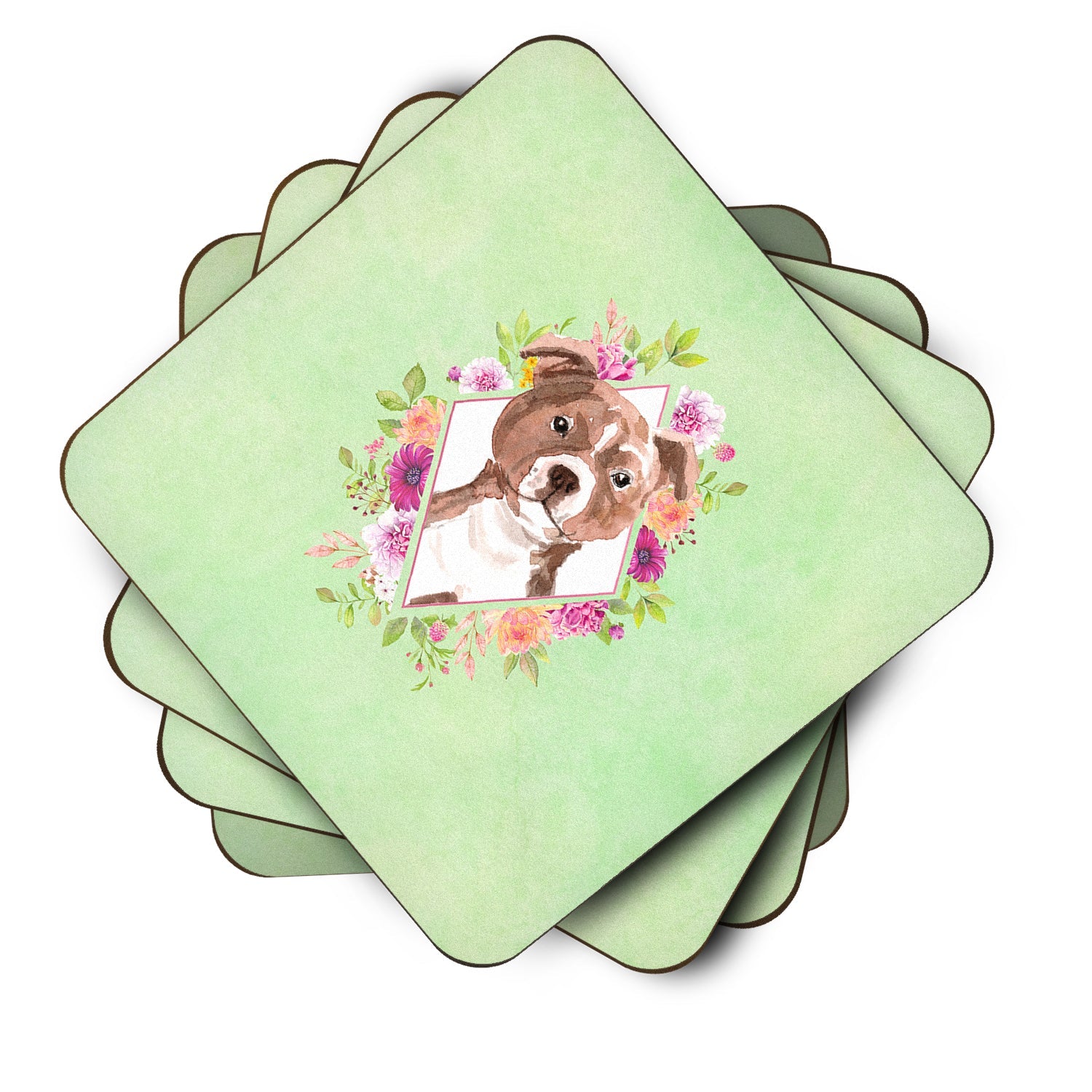 Staffie Bull Terrier Green Flowers Foam Coasters Set of 4 Cup Coasters for Indoor Outdoor, Tabletop Protection, Anti Slip, Mouse pad Material