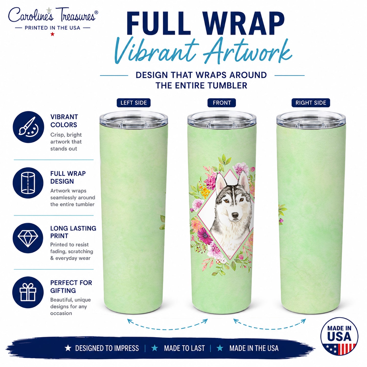 Siberian Husky Green Flowers Stainless Steel Skinny Tumbler 20 oz Vacuum Double Walled Reusable Insulated Travel Cup