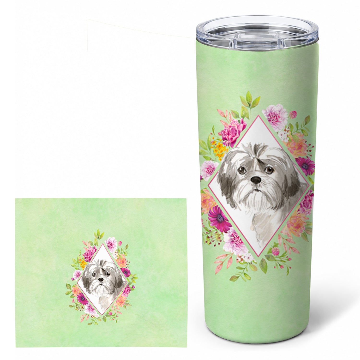 Shih Tzu Puppy Green Flowers Stainless Steel Skinny Tumbler 20 oz Vacuum Double Walled Reusable Insulated Travel Cup