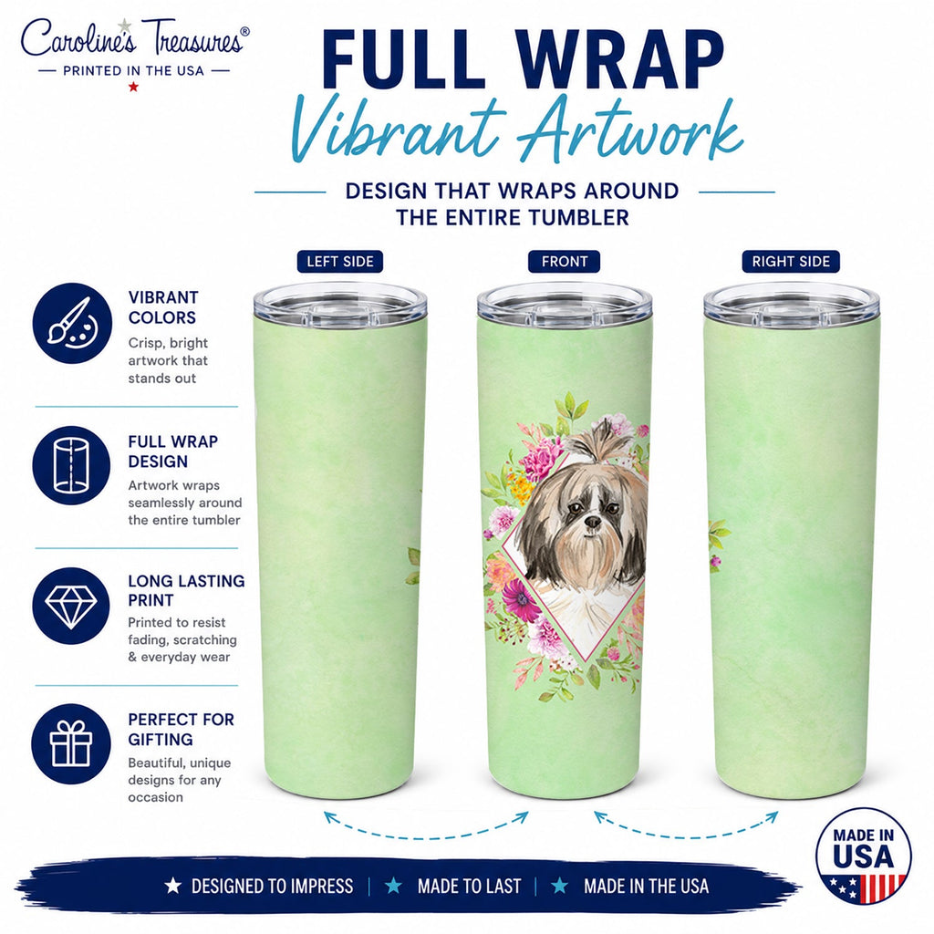 Shih Tzu Green Flowers Stainless Steel Skinny Tumbler 20 oz Vacuum Double Walled Reusable Insulated Travel Cup