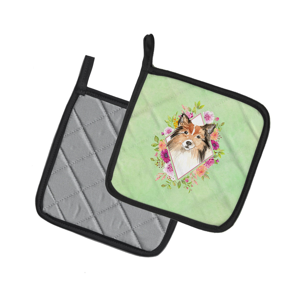 Sheltie Green Flowers Pot Holder Set of 2 Heat Resistant Quilted Hot Pads 7.5 x 7.5 Inch, Insulated Kitchen Trivets for Cooking & Baking