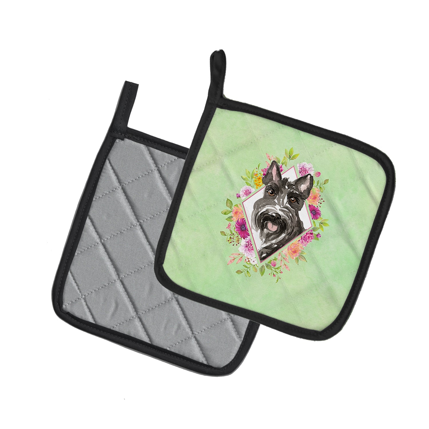 Scottish Terrier Green Flowers Pot Holder Set of 2 Heat Resistant Quilted Hot Pads 7.5 x 7.5 Inch, Insulated Kitchen Trivets for Cooking & Baking