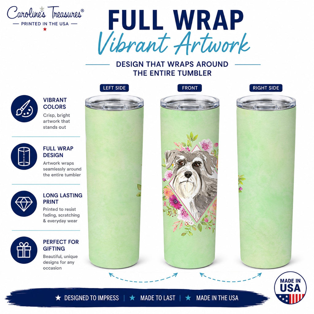 Schnauzer #1 Green Flowers Stainless Steel Skinny Tumbler 20 oz Vacuum Double Walled Reusable Insulated Travel Cup