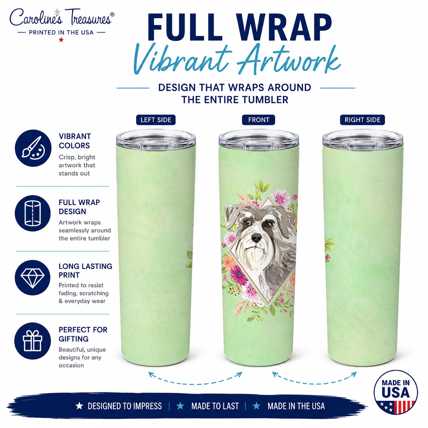 Schnauzer #1 Green Flowers Stainless Steel Skinny Tumbler 20 oz Vacuum Double Walled Reusable Insulated Travel Cup