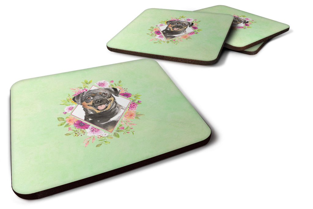Rottweiler Green Flowers Foam Coasters Set of 4 Cup Coasters for Indoor Outdoor, Tabletop Protection, Anti Slip, Mouse pad Material