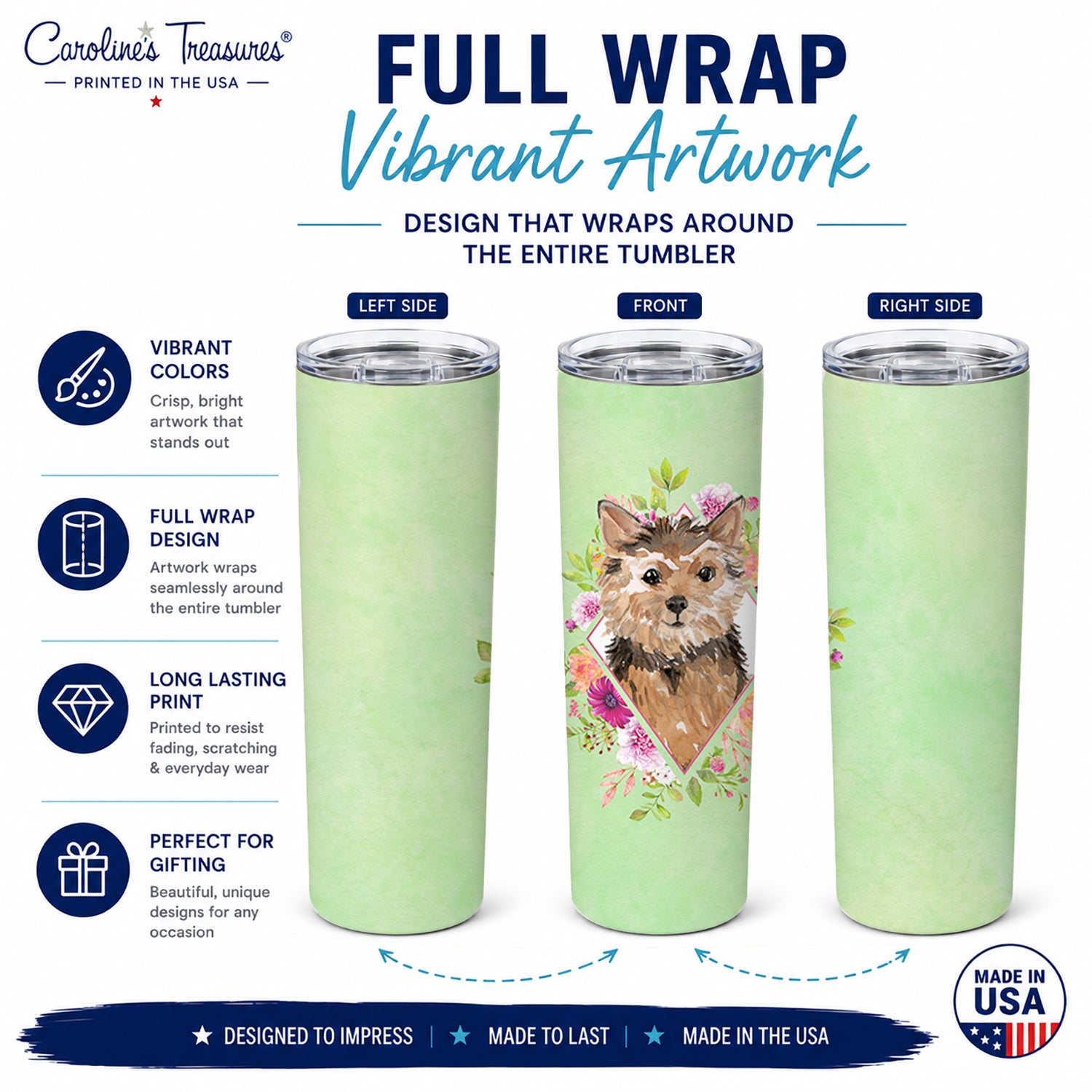 Norwich Terrier Green Flowers Stainless Steel Skinny Tumbler 20 oz Vacuum Double Walled Reusable Insulated Travel Cup