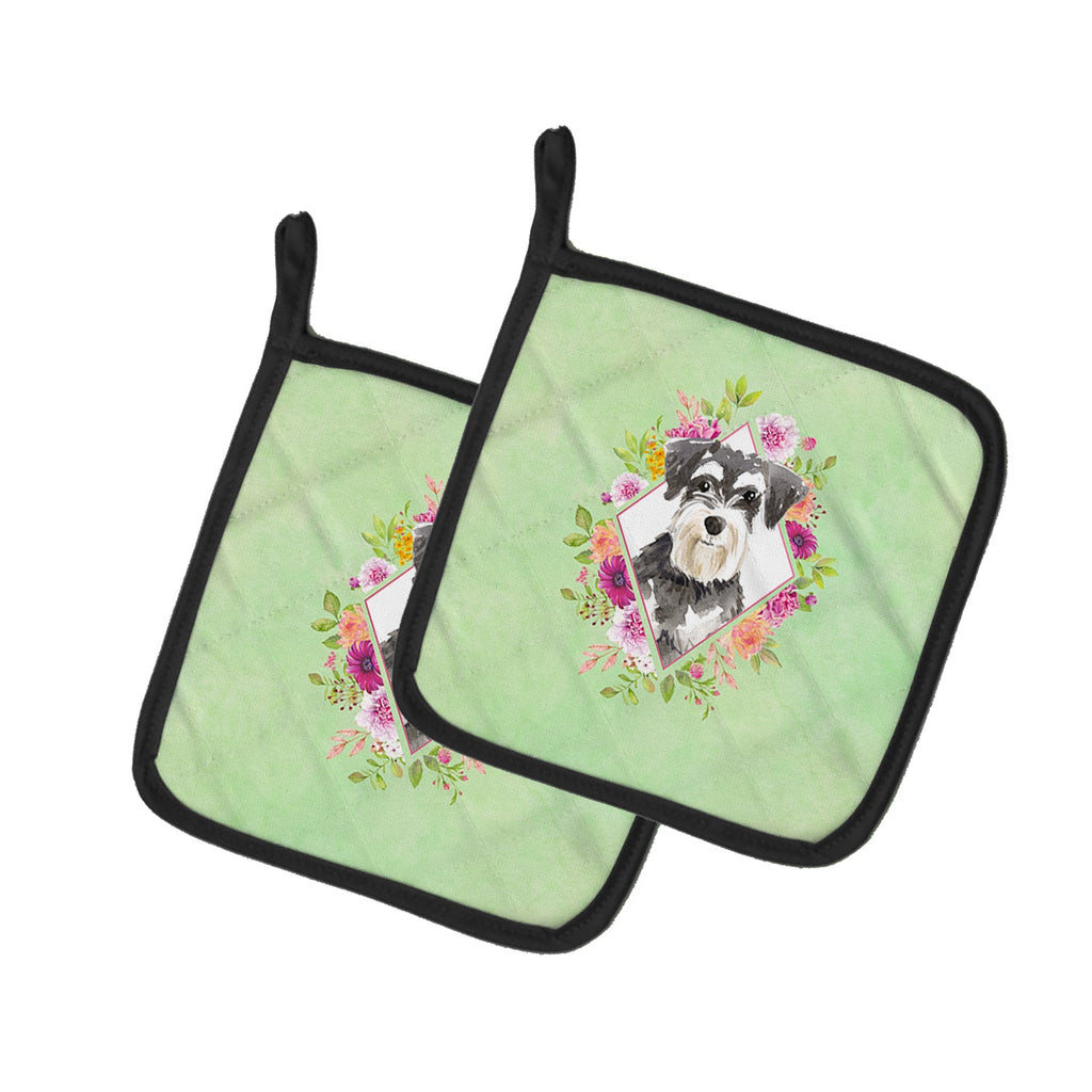 Schnauzer #2 Green Flowers Pot Holder Set of 2 Heat Resistant Quilted Hot Pads 7.5 x 7.5 Inch, Insulated Kitchen Trivets for Cooking & Baking