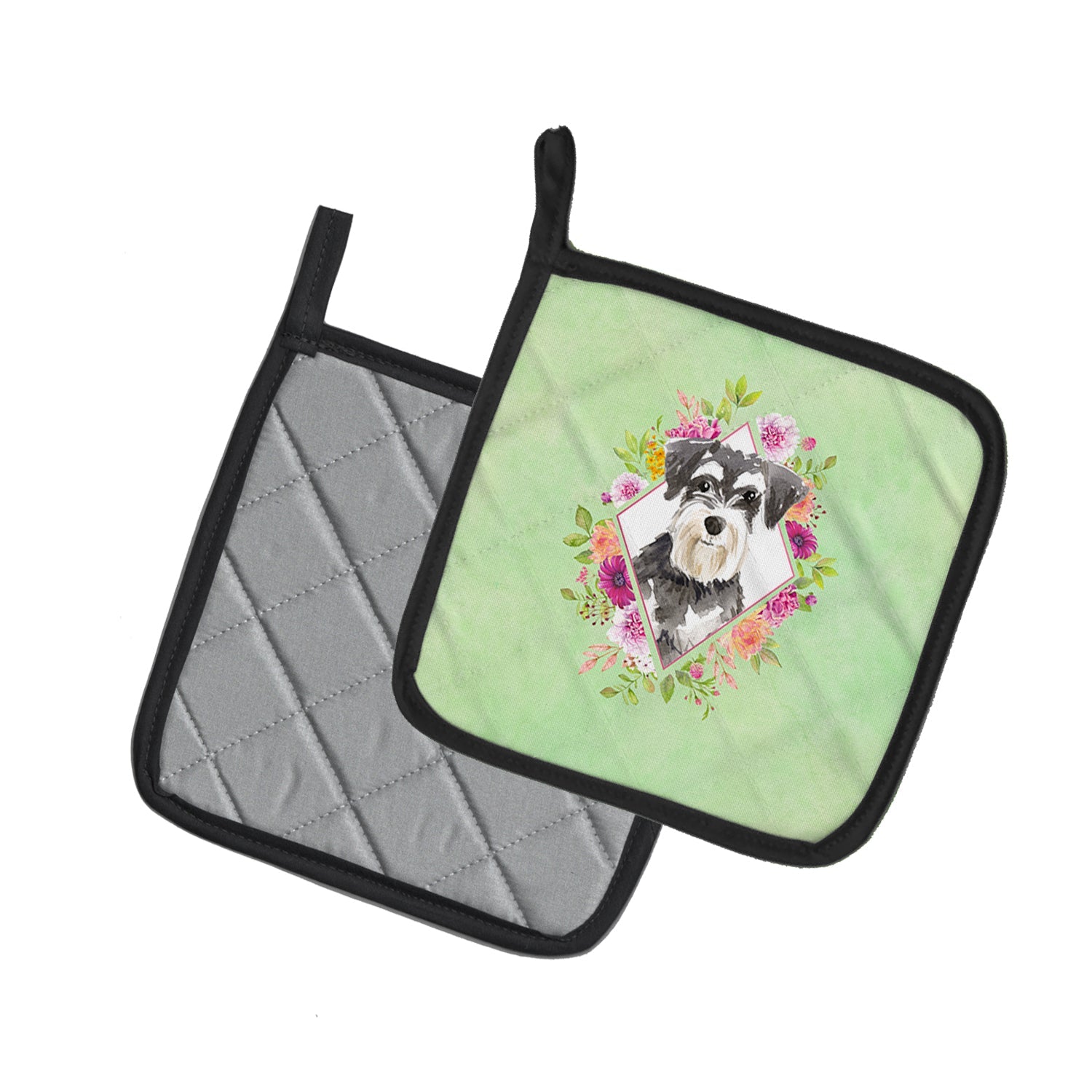 Schnauzer #2 Green Flowers Pot Holder Set of 2 Heat Resistant Quilted Hot Pads 7.5 x 7.5 Inch, Insulated Kitchen Trivets for Cooking & Baking