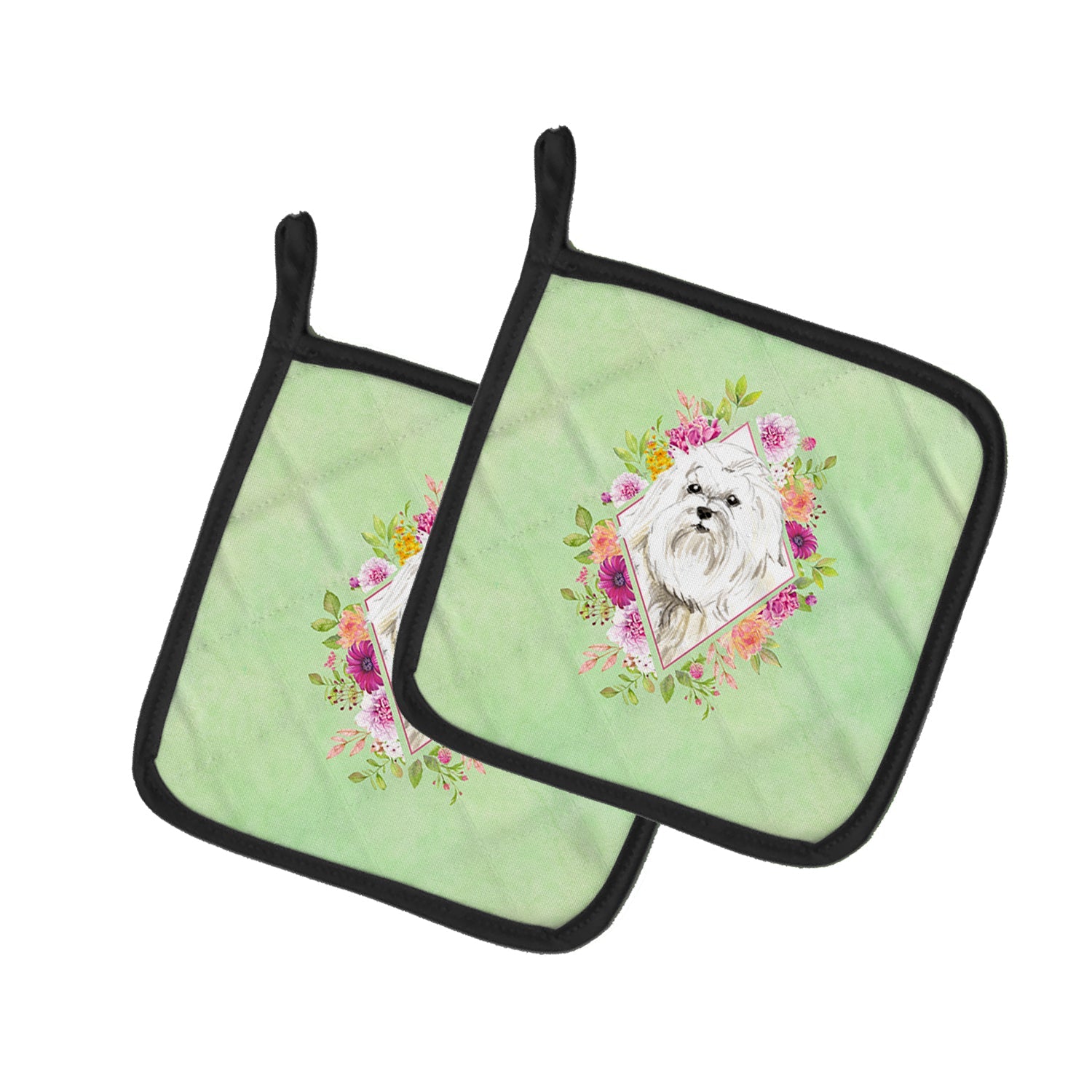 Maltese Green Flowers Pot Holder Set of 2 Heat Resistant Quilted Hot Pads 7.5 x 7.5 Inch, Insulated Kitchen Trivets for Cooking & Baking