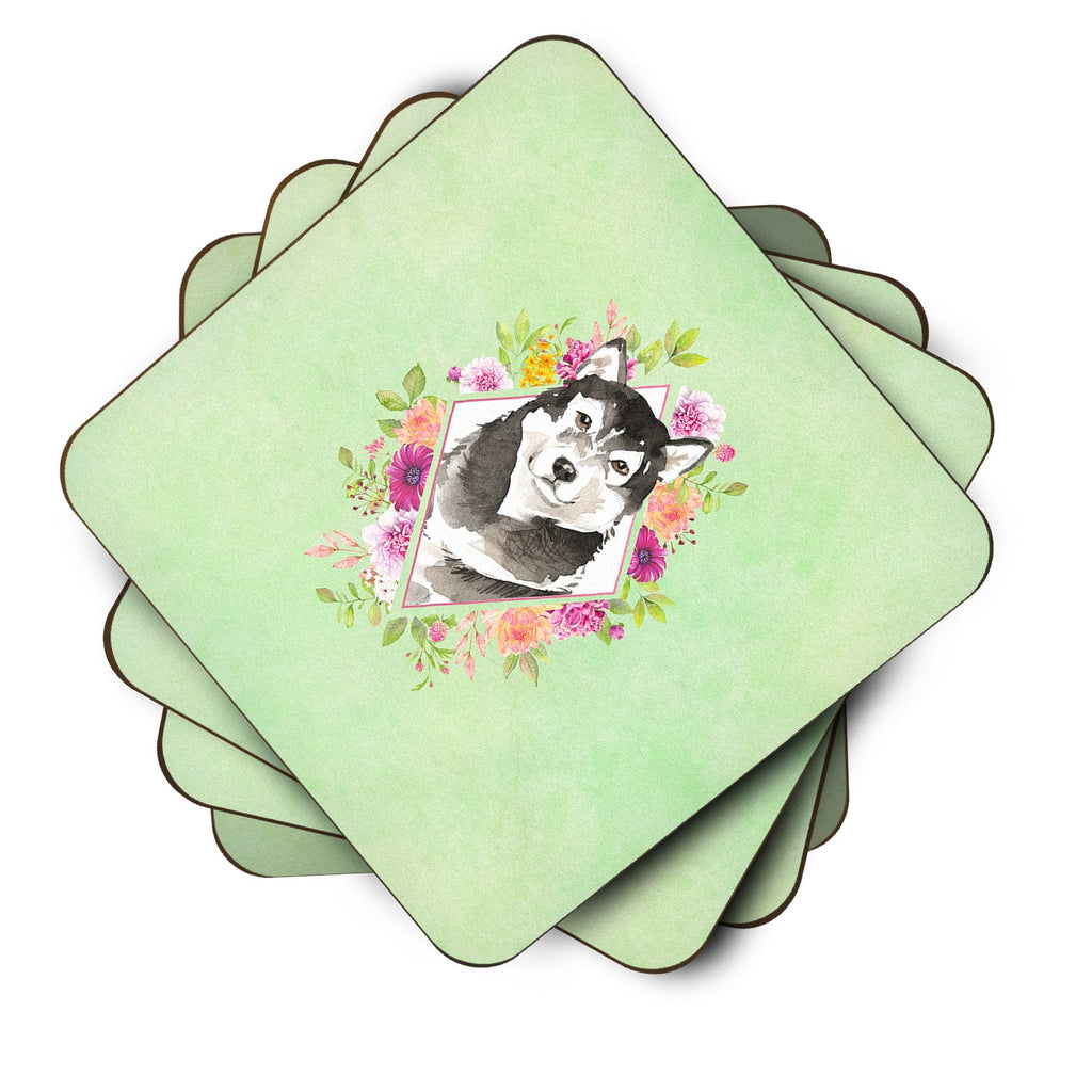 Alaskan Malamute Green Flowers Foam Coasters Set of 4 Cup Coasters for Indoor Outdoor, Tabletop Protection, Anti Slip, Mouse pad Material